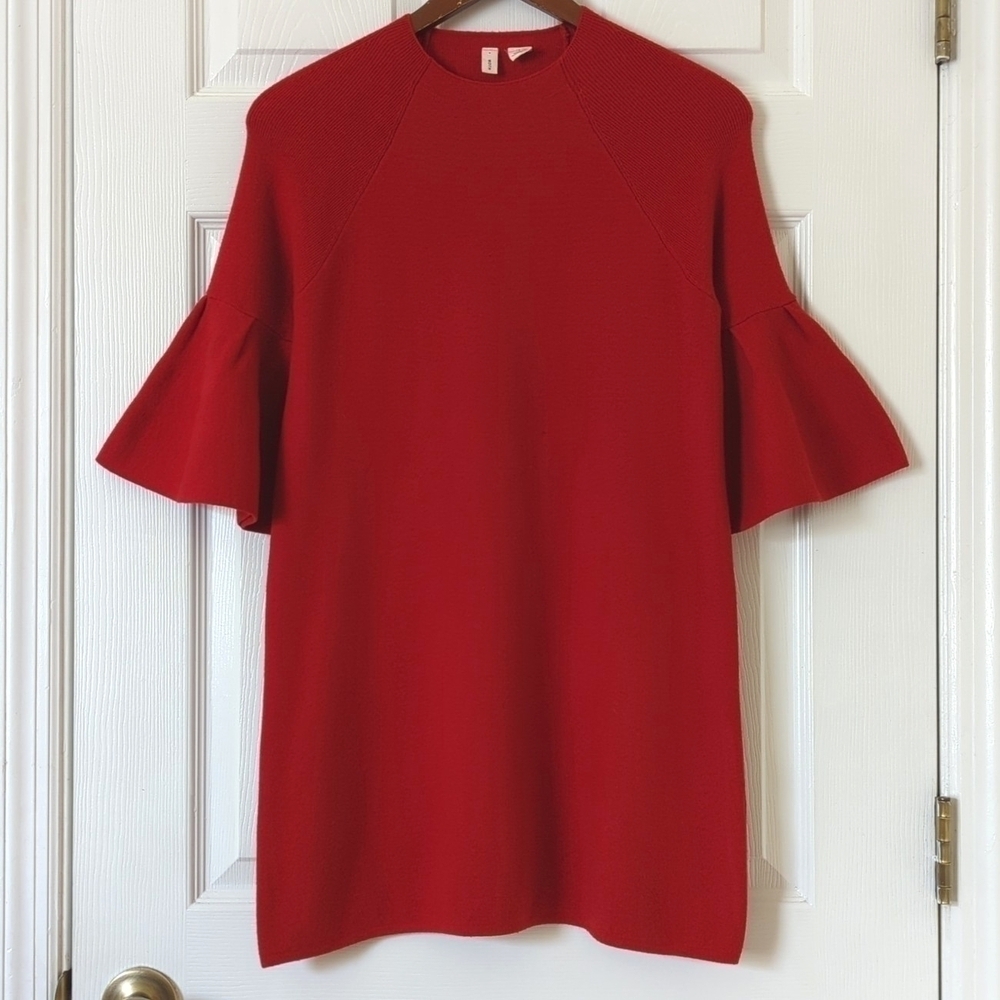 Moth Anthropologie Classic Knit Half Bell Sleeve Mini Sheath Sweater Dress Red S